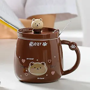 Vasukie Bear Coffee Mug with Lid & Steel Spoon, Mugs for Coffee, Rakhi for Brother, Birthday Gift, Gifts for Woman, Ceramic Mug, 3D Bear Coffee Mug (Bear Mug)