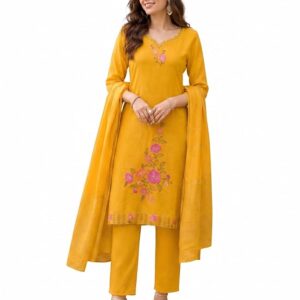 Womens Zardozi Floral Embroidered Kurta with Pant and Heavy Jacquard Border Dupatta Set